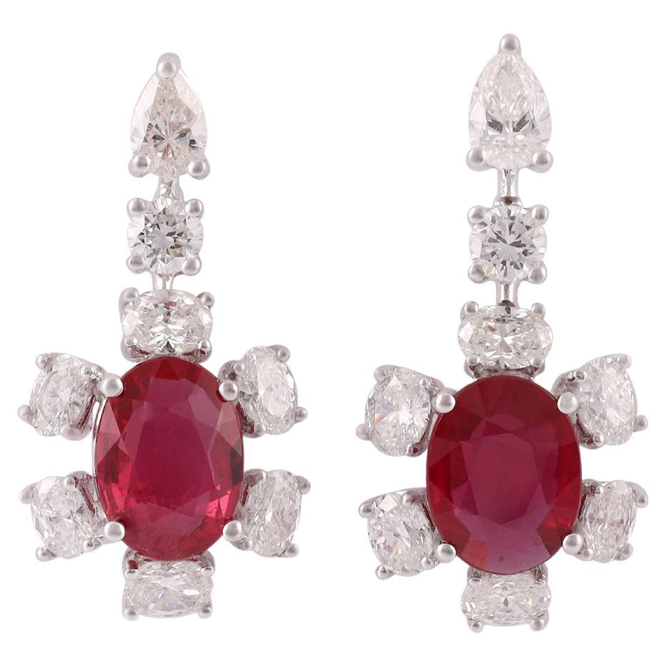 2.32 Carat Mozambique Pigeon Blood Ruby & Diamond Stud Earring in 18K White gold For Sale