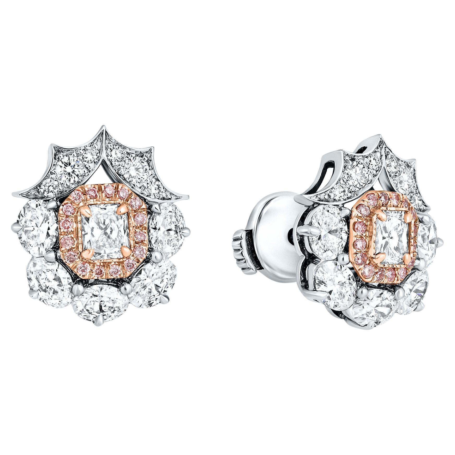 Orecchini con diamanti rosa e bianchi naturali da 2,32 carati in oro bianco e rosa 18 carati in vendita