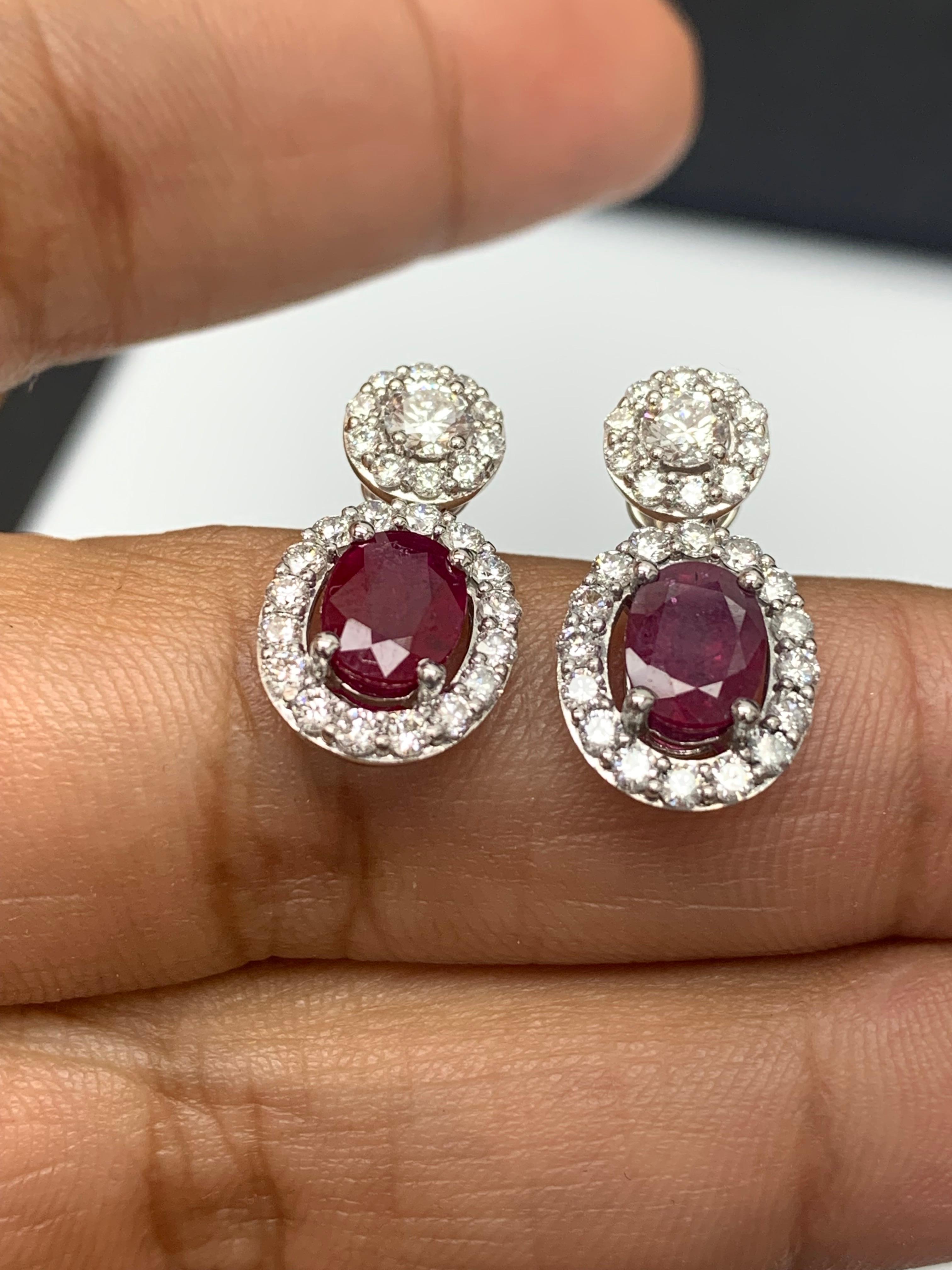 2.32 Carat of Oval cut Rubies and Diamond Drop Earrings in 18K White Gold For Sale 3