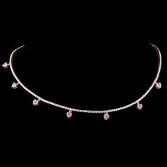 2.32 Carat Pink Sapphire 14 Karat Gold Tennis Diamond Heart Necklace