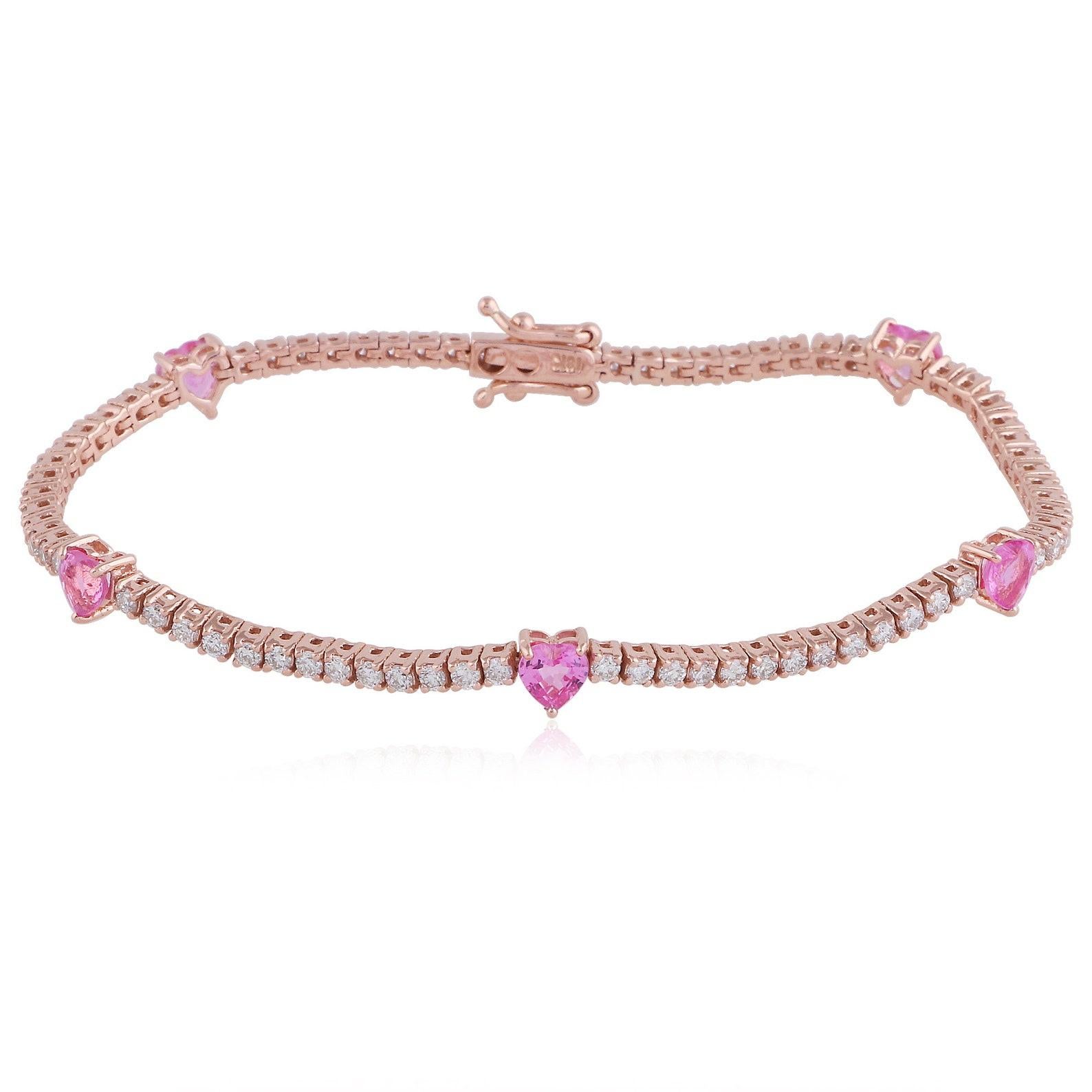 Modern 2.32 Carat Pink Sapphire 14 Karat Gold Tennis Diamond Heart Necklace For Sale