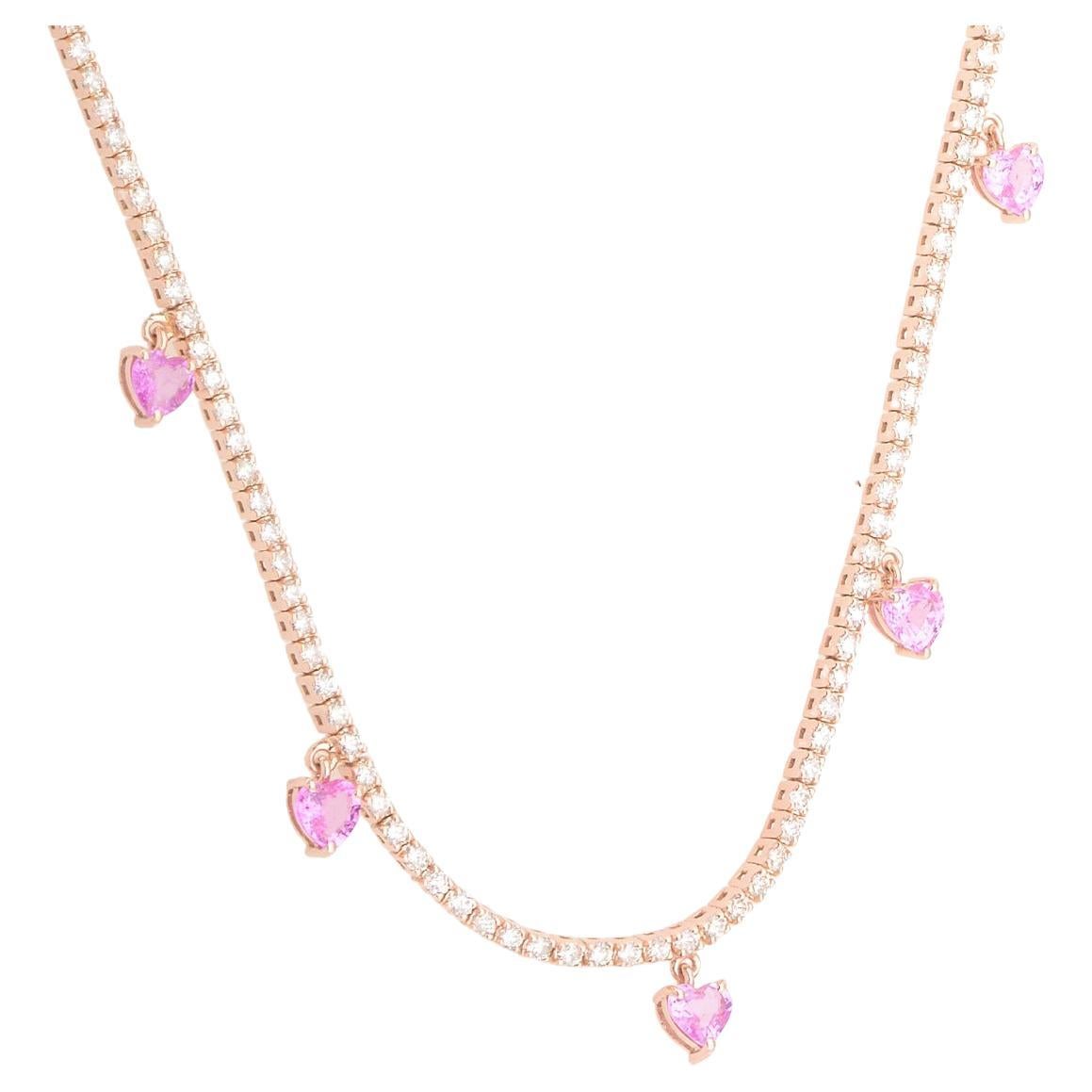 2.32 Carat Pink Sapphire 14 Karat Gold Tennis Diamond Heart Necklace