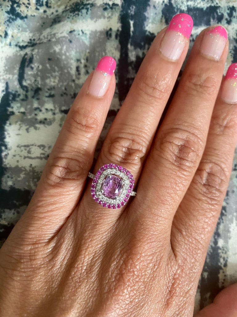 2.32 Carat Cushion Cut Pink Sapphire Diamond 18 Karat White Gold Engagement Ring For Sale 5