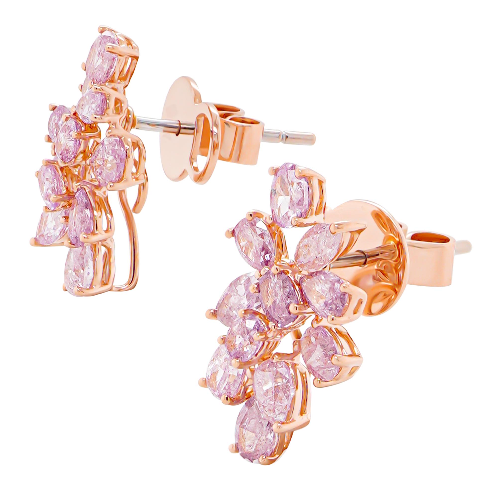 Pear Cut 2.32 Carats Intense Pink Diamond Cluster Stud Earring 18K For Sale