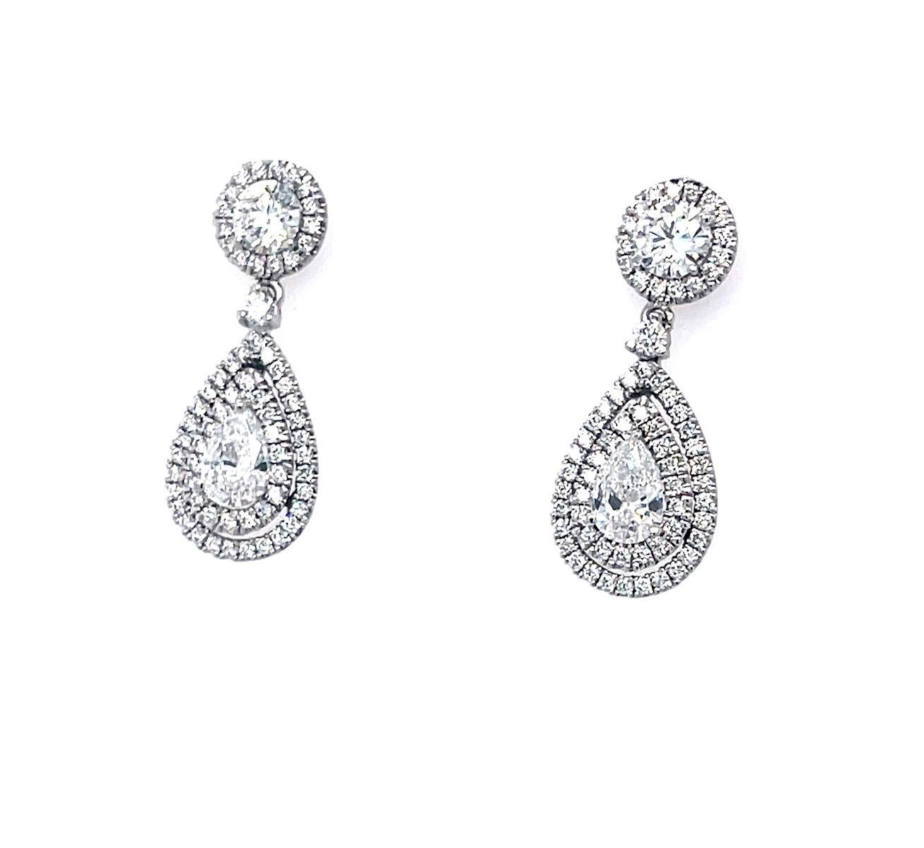 Contemporary 2.32 Carats Round and Pear Shape Diamond Drop Earrings 18k White Gold