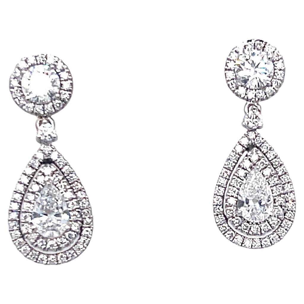 2.32 Carats Round and Pear Shape Diamond Drop Earrings 18k White Gold