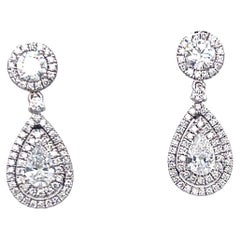 2.32 Carats Round and Pear Shape Diamond Drop Earrings 18k White Gold