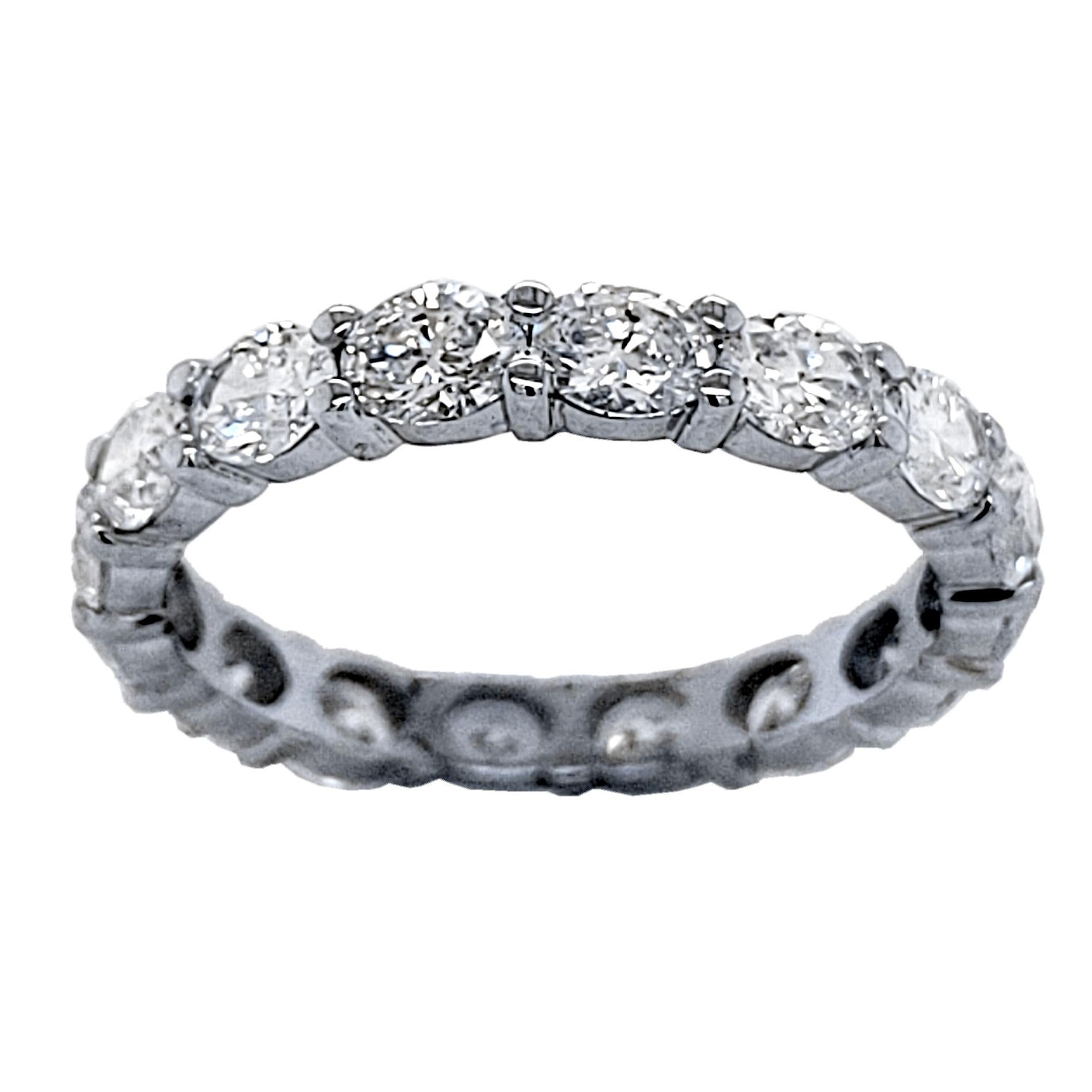 This beautiful Eternity Ring is made of 18K Gold with 16 perfectly matched (VS/F-G)  Oval Brilliant Diamonds Laterally Set in Shared Prong Mode.
Total Weight of diamonds: 2.32 Ct 
Total Weight of the Ring:  18K Gold, 2.50 Gr
Ring Size: 6.25