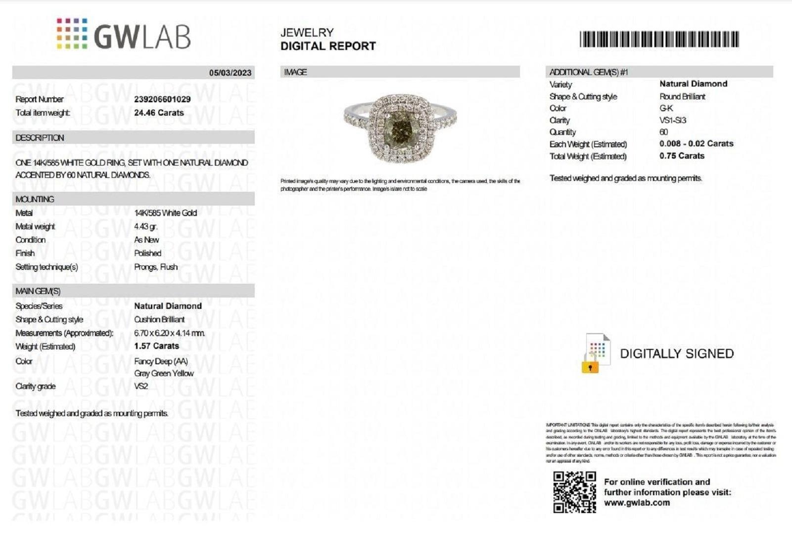 Today we are offering this amazing ring featuring a center 1.57 carat fancy diamond and 0.75 total carat weight side diamonds. 
A once in a lifetime opportunity to become the proud owner of this amazing ring. The ring has tremendous brilliance and