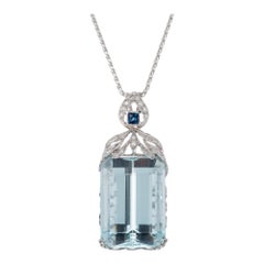 23.20 Carat French Cut Sapphire Aquamarine Diamond Platinum Pendant Necklace