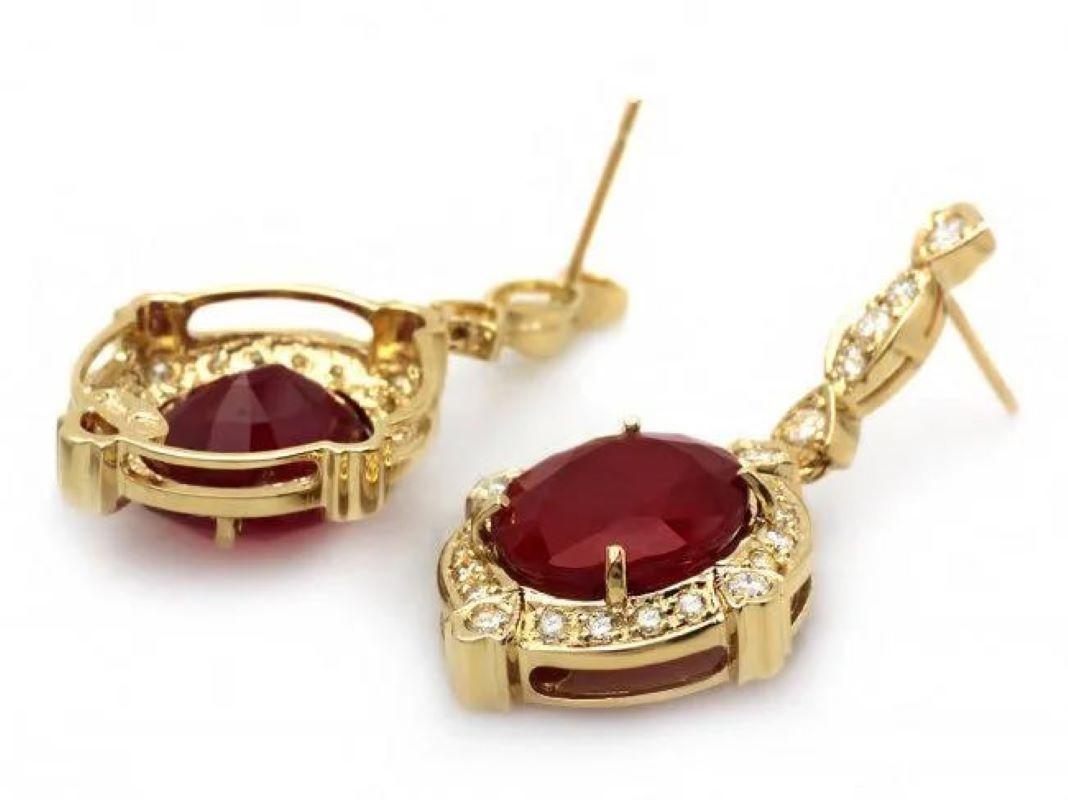 23.20Ct Natural Ruby and Diamond 14K Solid Yellow Gold Earrings

Total Natural Rubies Weight: Approx.  21.90 Carats

Natural Ruby Measures: Approx. 13 x 11 mm

Ruby Treatment: Fracture Filling

Total Natural Round Cut Diamonds Weight: Approx.  1.30