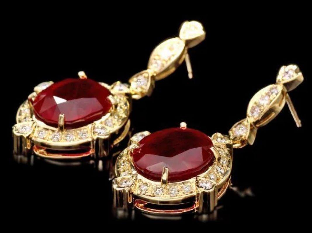Mixed Cut 23.20Ct Natural Ruby and Diamond 14K Solid Yellow Gold Earrings For Sale