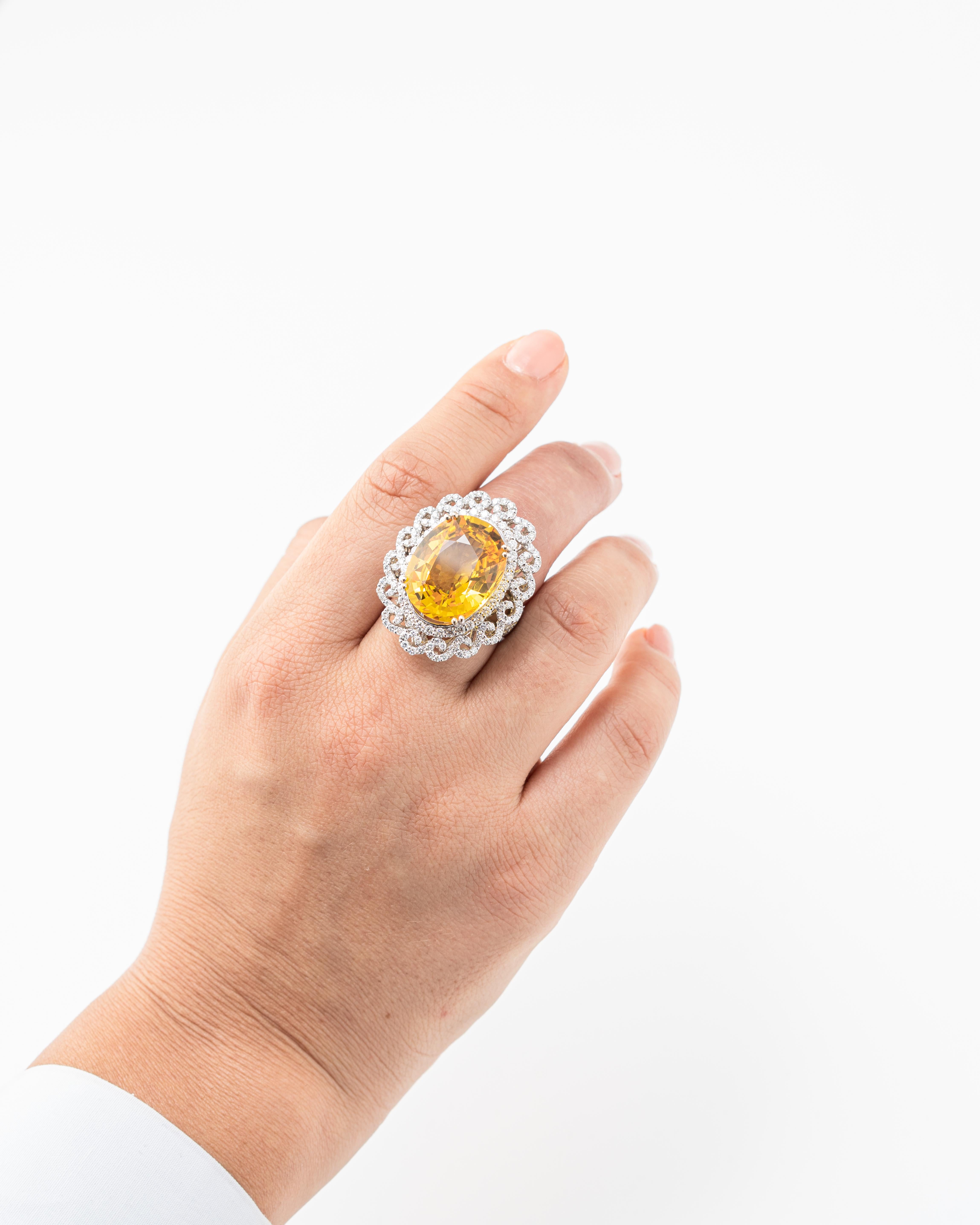 23.21 Carat Yellow Sapphire and Diamond Cocktail Ring In New Condition For Sale In Bangkok, Thailand