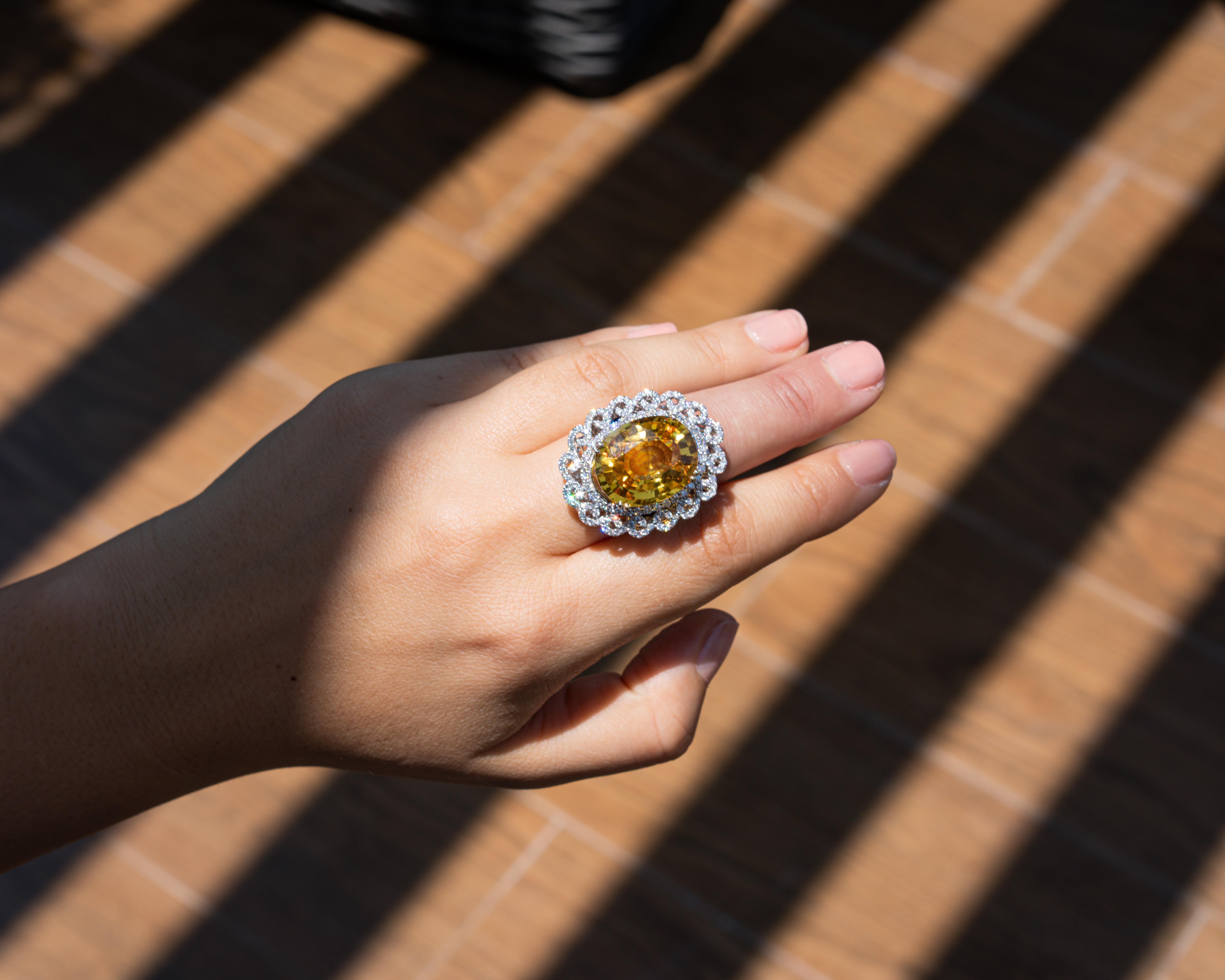 Women's or Men's 23.21 Carat Yellow Sapphire and Diamond Cocktail Ring For Sale