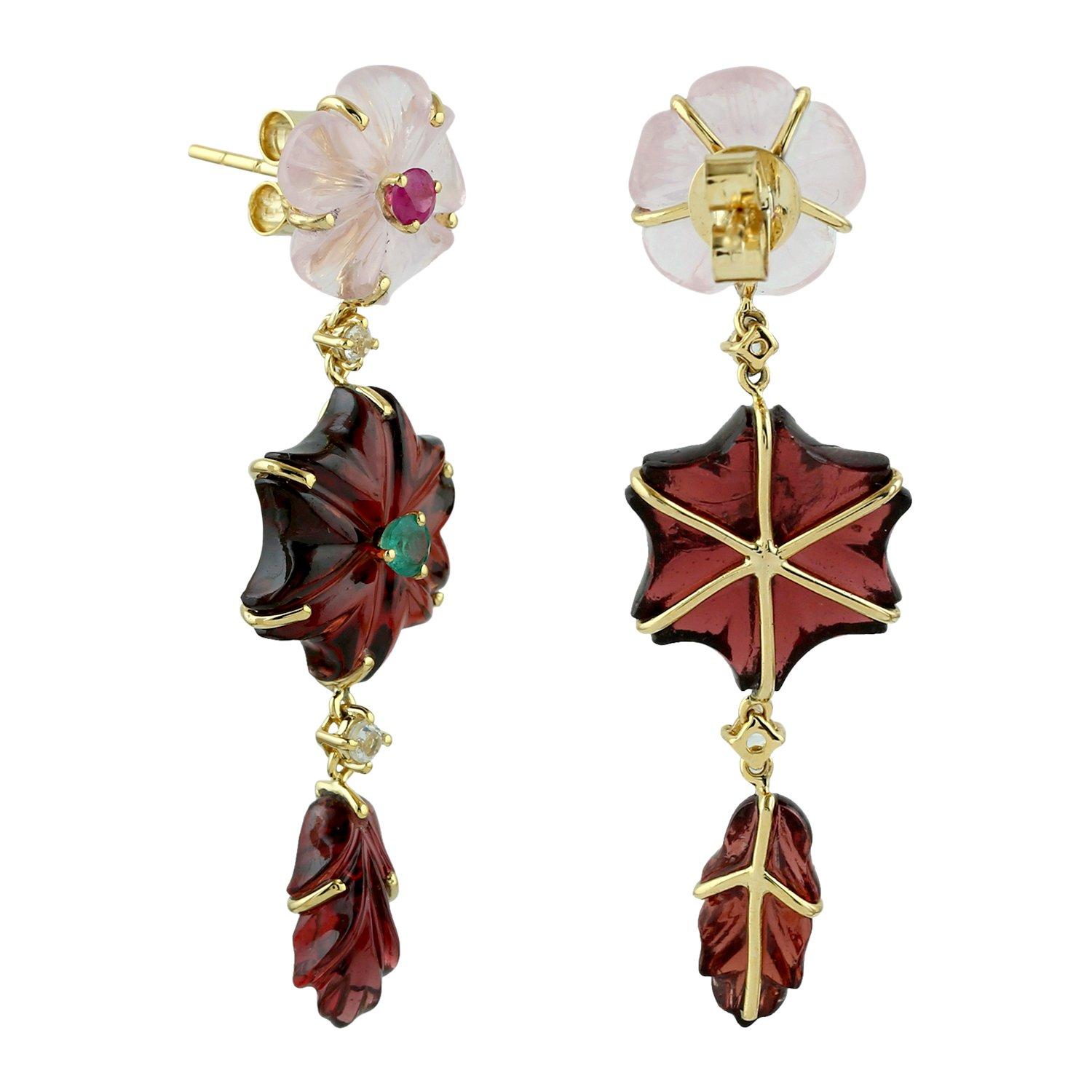 Cast in 18-karat gold. These beautiful earrings are set with 23.21 carats hand carved garnet, quartz, ruby, topaz and emerald.  See other flower collection matching pieces.

FOLLOW  MEGHNA JEWELS storefront to view the latest collection & exclusive