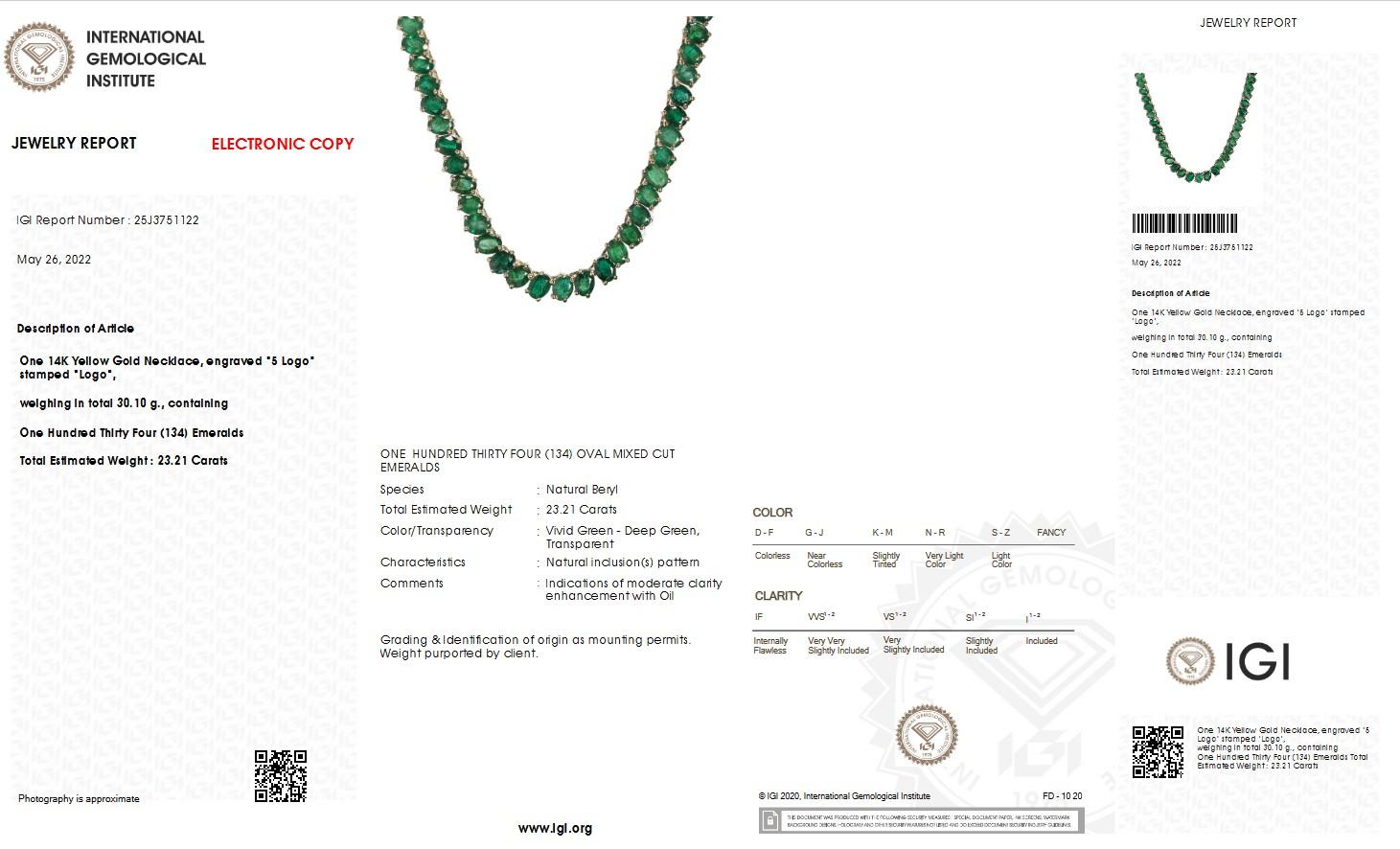 Oval Cut NO RESERVE IGI Certified 23.21ct Emerald Necklace 14K Yellow Gold  For Sale