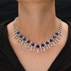 23.24Ct Blue Sapphire 17.57Ct Diamond 14k White Gold Wedding Choker Necklace