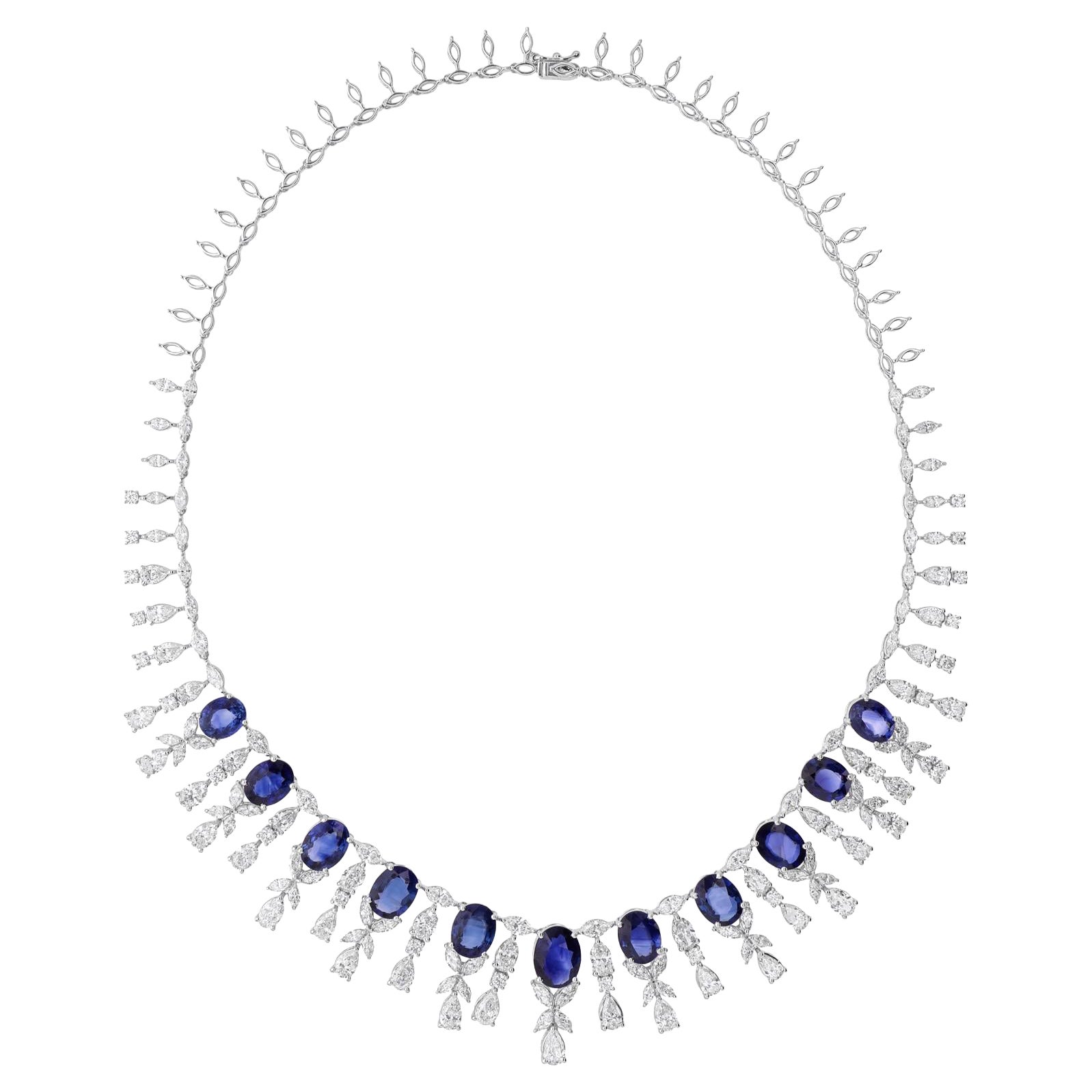 Collana girocollo da sposa in oro bianco 14k con zaffiro blu da 23,24 carati e diamante da 17,57 carati