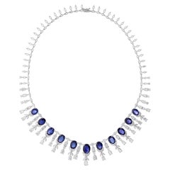 23.24Ct Blue Sapphire 17.57Ct Diamond 14k White Gold Wedding Choker Necklace