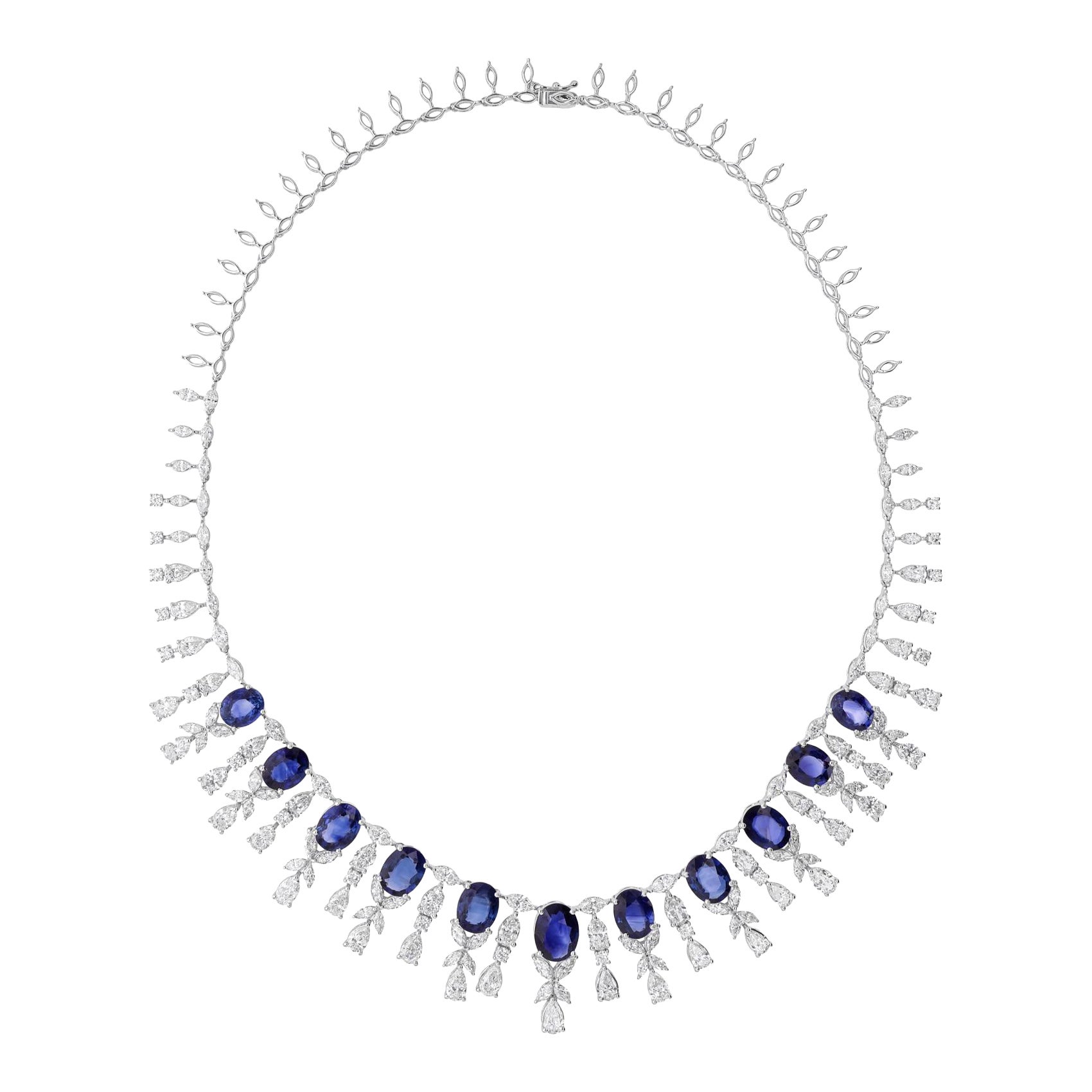 Collana girocollo da sposa in oro bianco 14k con zaffiro blu da 23,24 carati e diamante da 17,57 carati