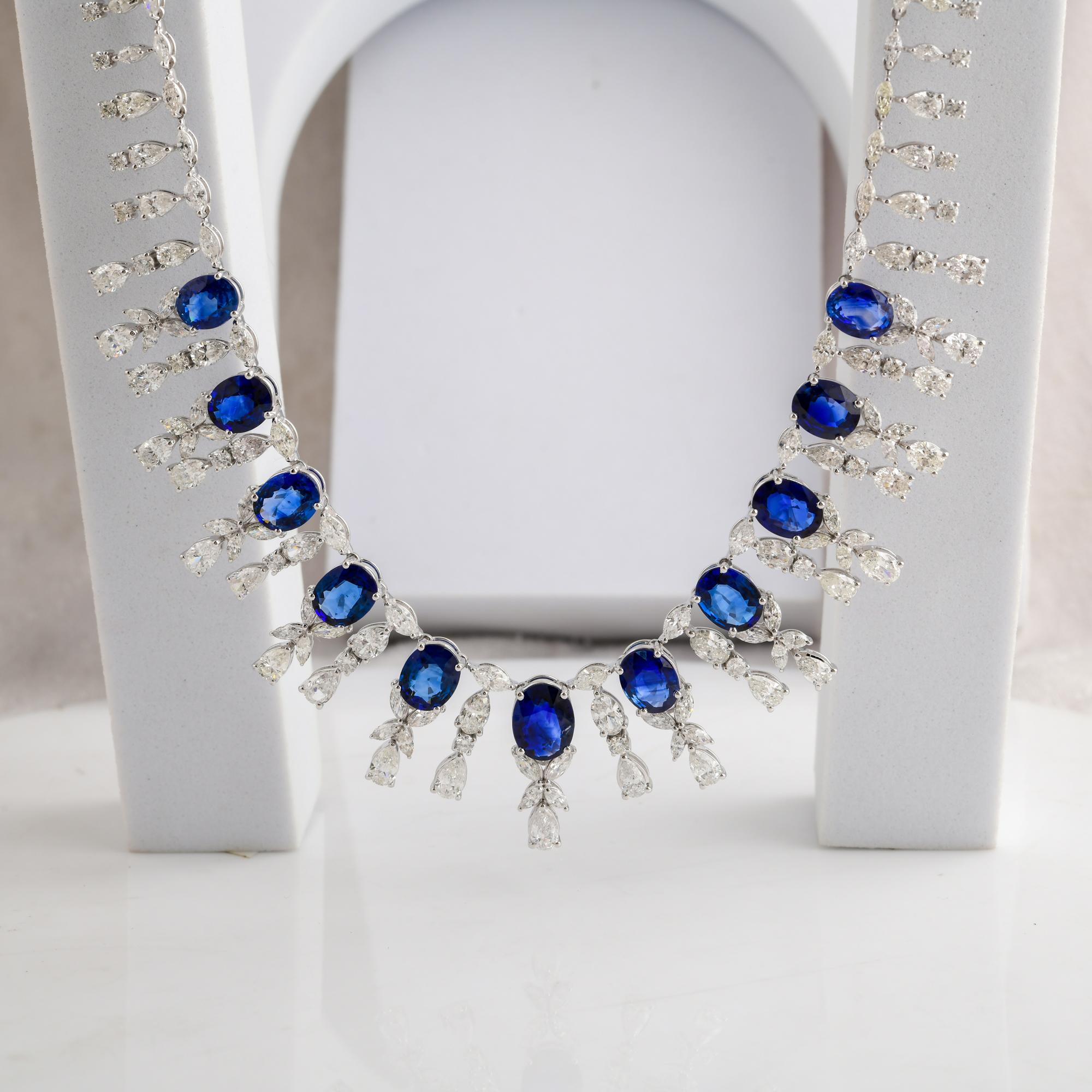 23,24 Karat Blauer Saphir 17,57 Karat Diamant 18k Weißgold Hochzeitskette Halskette (Ovalschliff) im Angebot