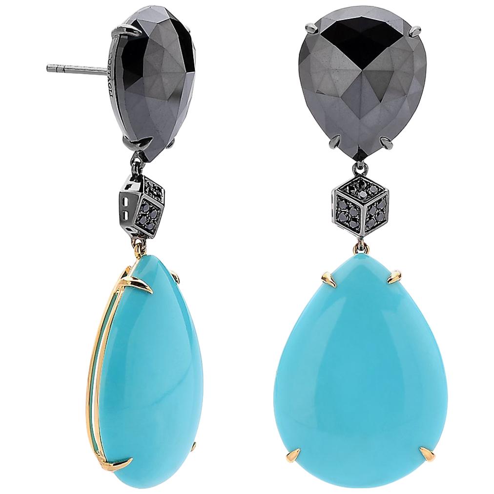 Paolo Costagli Black Diamond and 29.84 Carat Sleeping Beauty Turquoise Earrings For Sale
