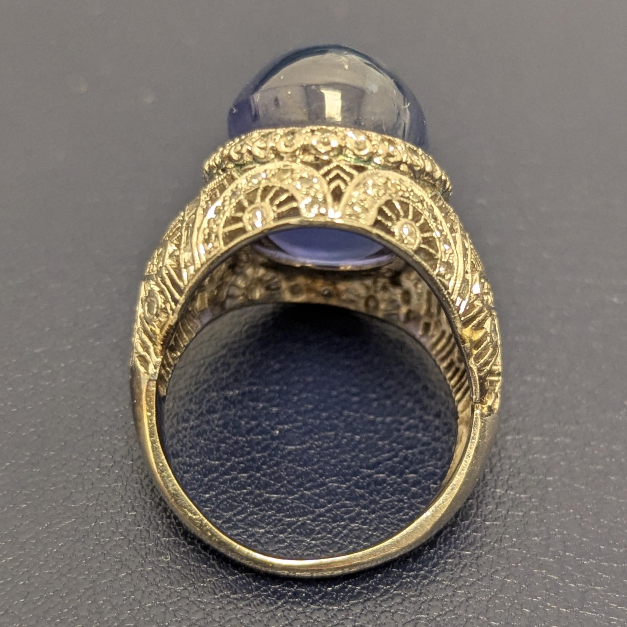 Oval Cut 23.25 Carat Star Sapphire Diamond Platinum White Gold Filigree Dome Ring For Sale