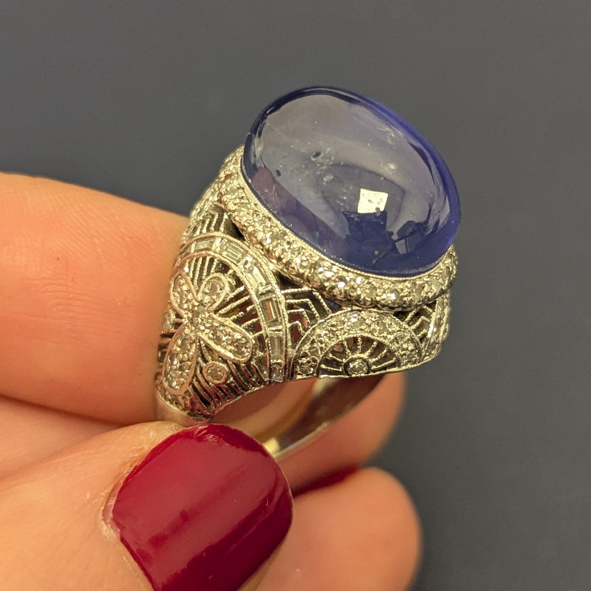 23.25 Carat Star Sapphire Diamond Platinum White Gold Filigree Dome Ring In Excellent Condition For Sale In New York, NY