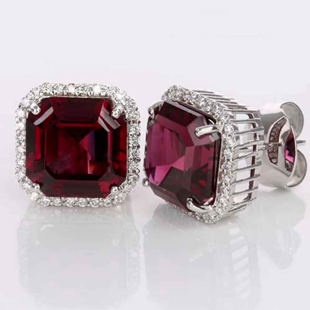 Modern 3.26 Rhodolite & .73 Diamond Studs-Asscher Cut-18KT Gold-GIA Certified-Rare For Sale