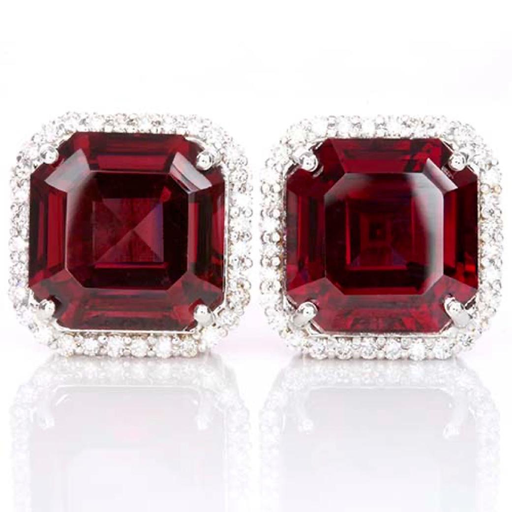 3.26 Rhodolite & .73 Diamond Studs-Asscher Cut-18KT Gold-GIA Certified-Rare In New Condition For Sale In London, GB