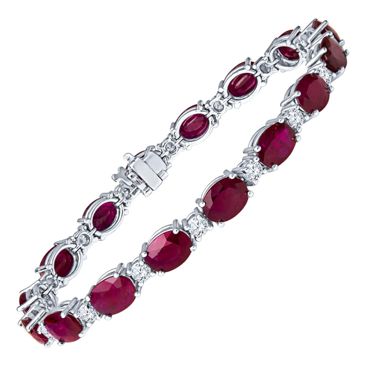 23.27 Carat Oval Ruby and 2.04ct Round Diamond 14kt White Gold Tennis Bracelet For Sale