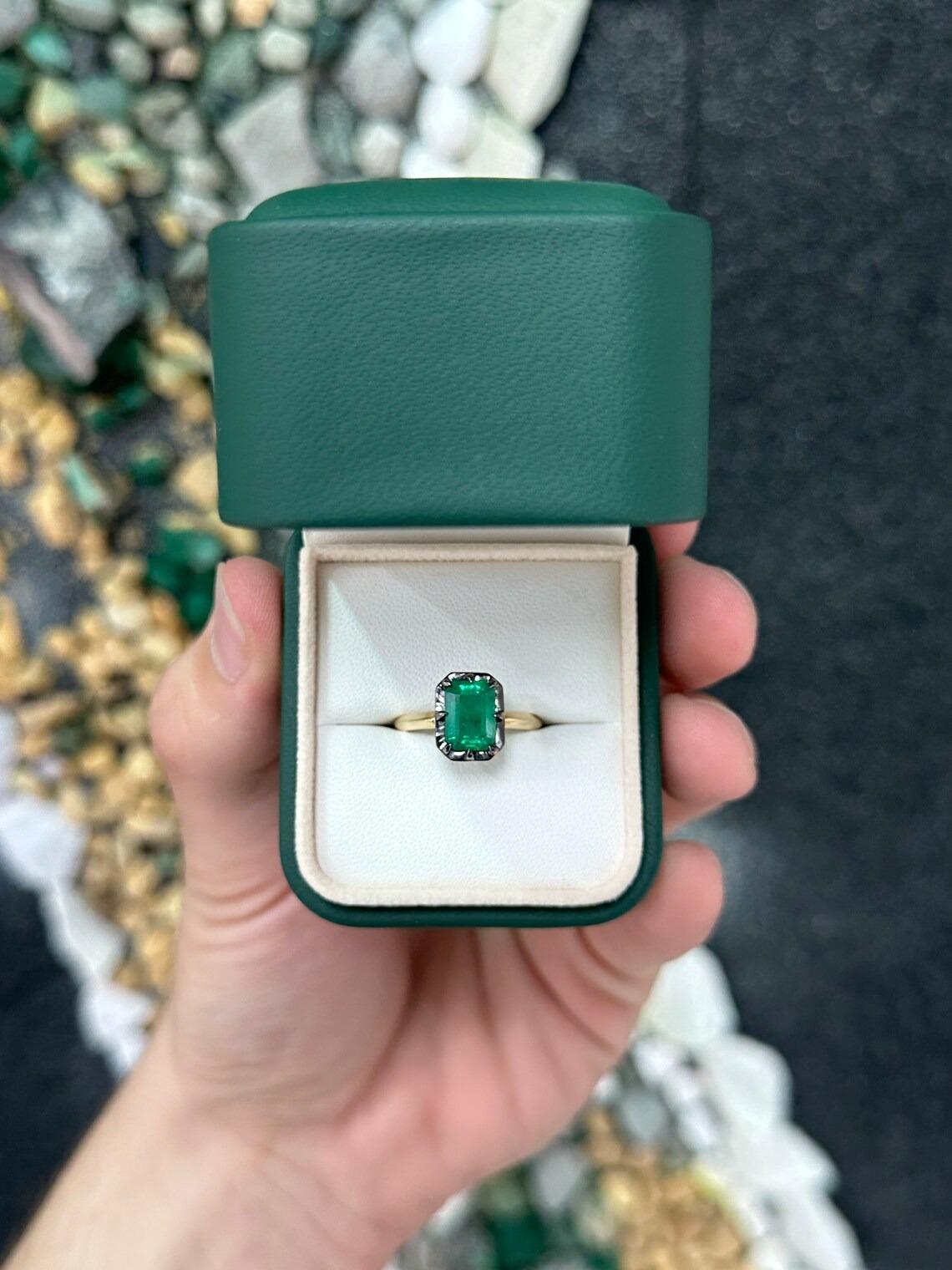 Emerald Cut 2.32ct 14K Dark Green Emerald Georgian Styled Black Rhodium Solitaire Gold Ring For Sale
