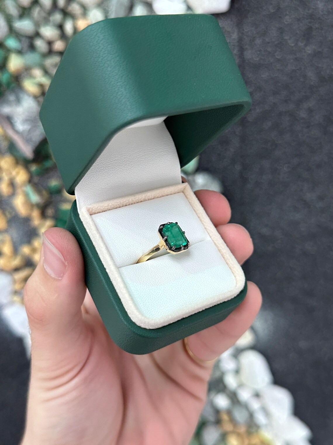 2.32ct 14K Dark Green Emerald Georgian Styled Black Rhodium Solitaire Gold Ring In New Condition For Sale In Jupiter, FL