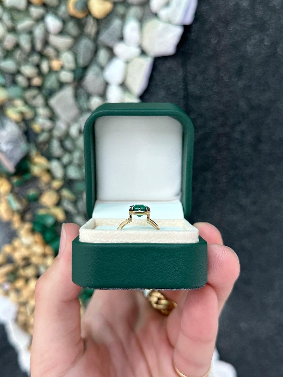 Women's 2.32ct 14K Dark Green Emerald Georgian Styled Black Rhodium Solitaire Gold Ring For Sale