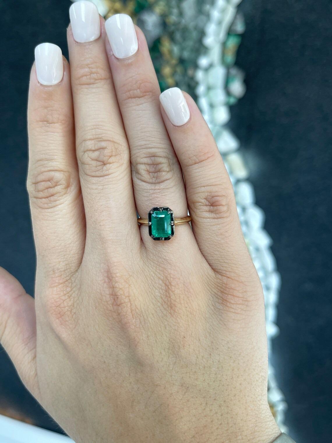 2.32ct 14K Dark Green Emerald Georgian Styled Black Rhodium Solitaire Gold Ring For Sale 1