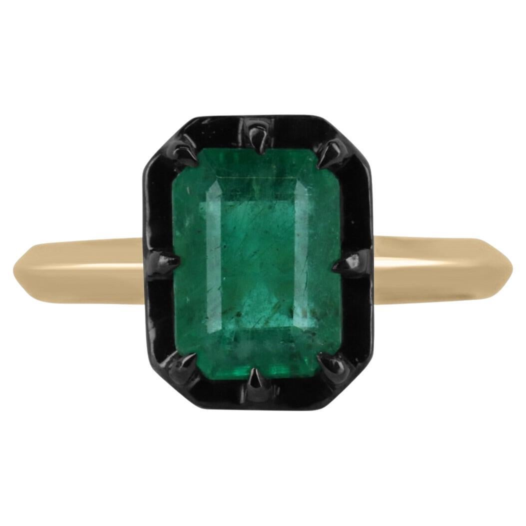 2.32ct 14K Dark Green Emerald Georgian Styled Black Rhodium Solitaire Gold Ring For Sale