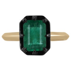 2.32ct 14K Dark Green Emerald Georgian Styled Black Rhodium Solitaire Gold Ring