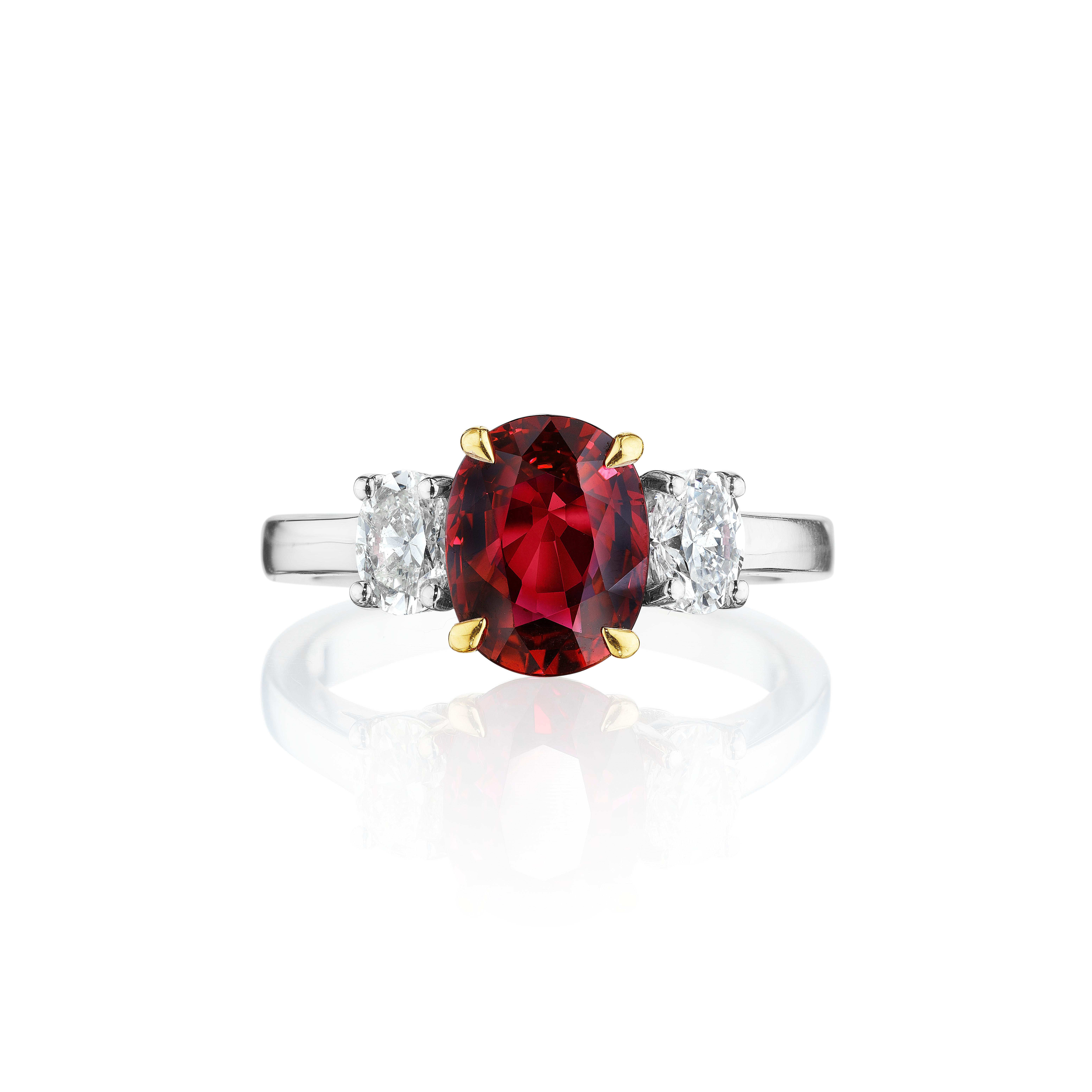 Oval Cut 2.32ct Oval Ruby & Diamond 3 Stone Ring For Sale