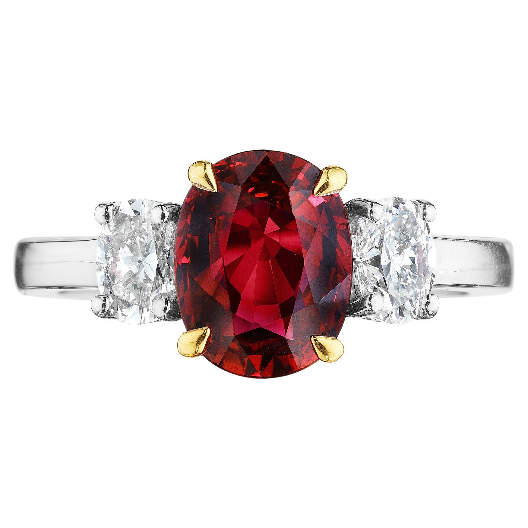 2.32ct Oval Ruby & Diamond 3 Stone Ring For Sale