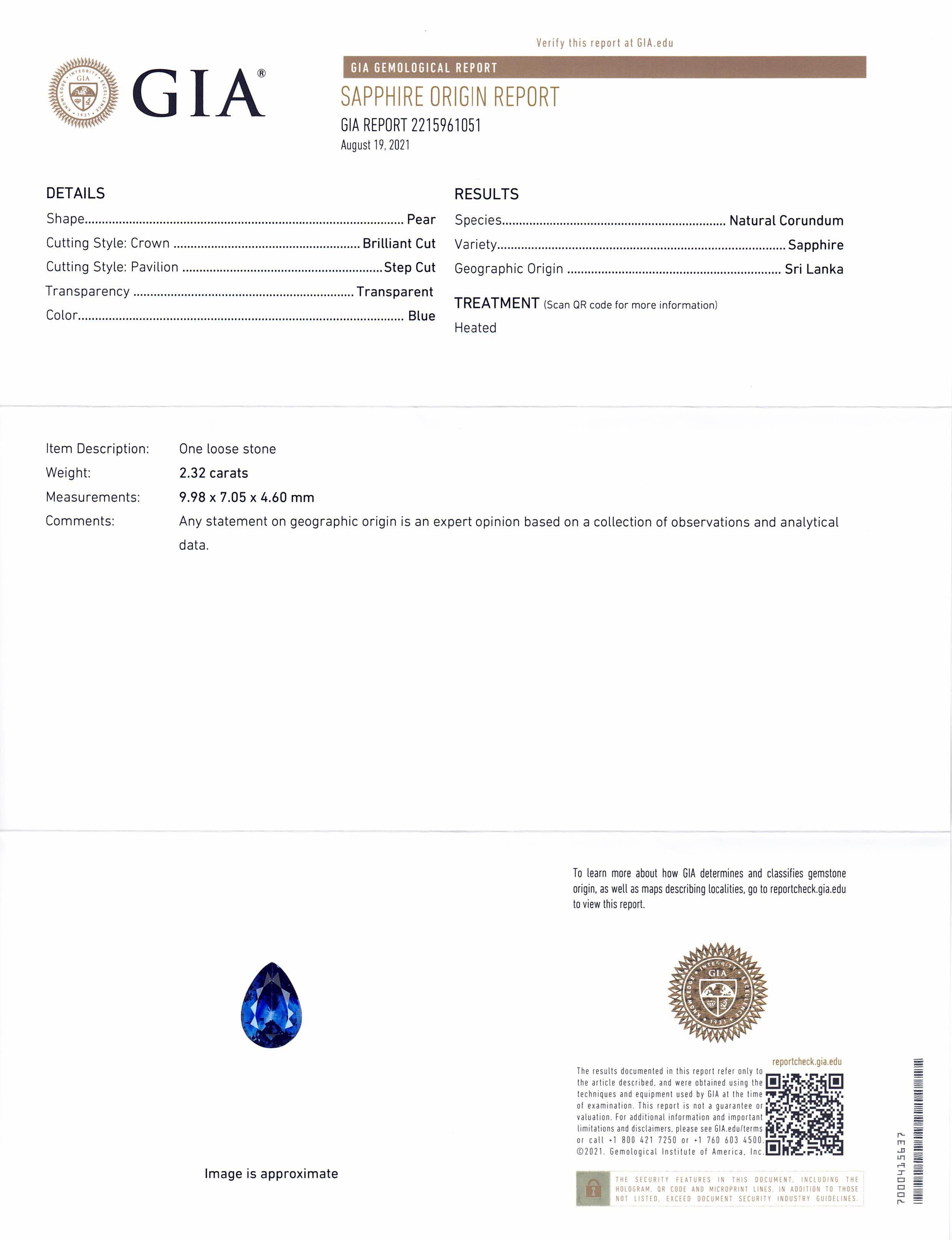 2.32ct Pear Blue Sapphire GIA Certified Sri Lanka In New Condition For Sale In Toronto, Ontario