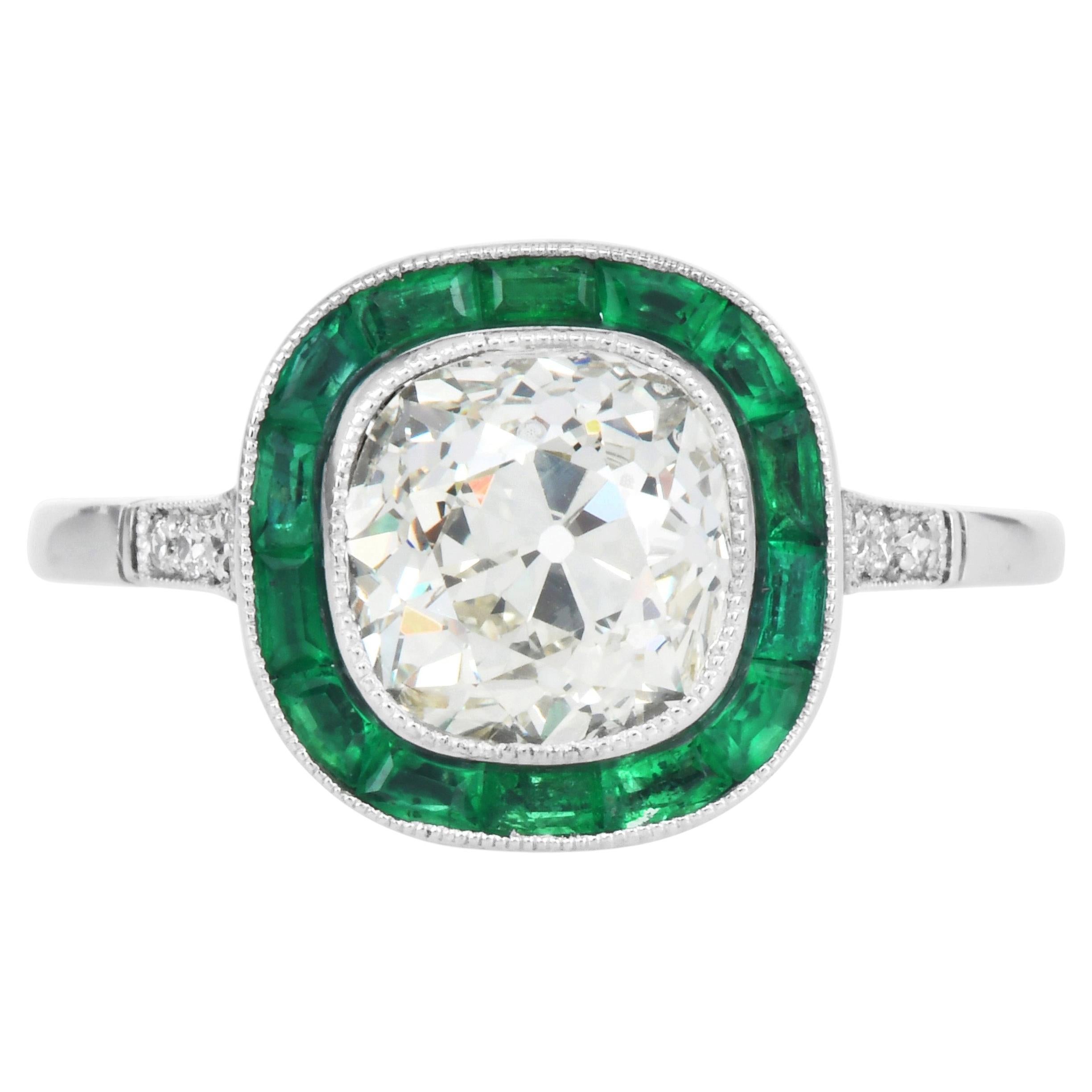 2.32cts Old Mine Cut Cushion Diamond Emerald Halo Platinum Engagement Ring
