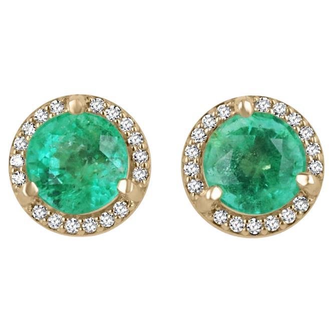 2.32tcw 14K Gold 8.5mm Round Emerald & Diamond Halo Stud Earrings Natural