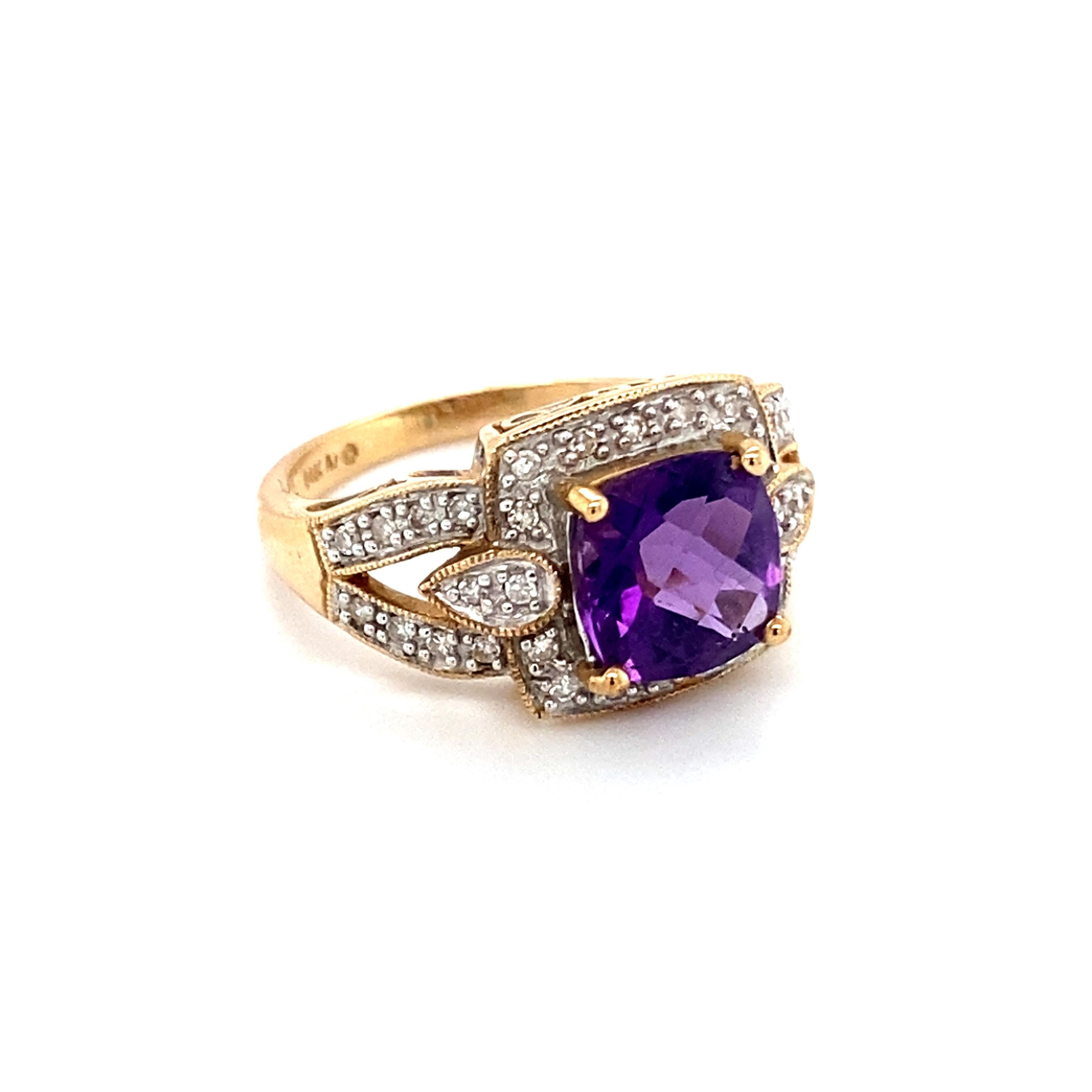 Item Features:
2.33 carat Checkerboard Cushion Cut Purple Amethyst Center Stone
0.30 carat total accent diamonds
14 Karat Yellow Gold

Ring Details:
Metal Type: 14 karat yellow gold
Weight: 4.6 grams
Ring Size: 7 (sizable)
Finger to top of stone