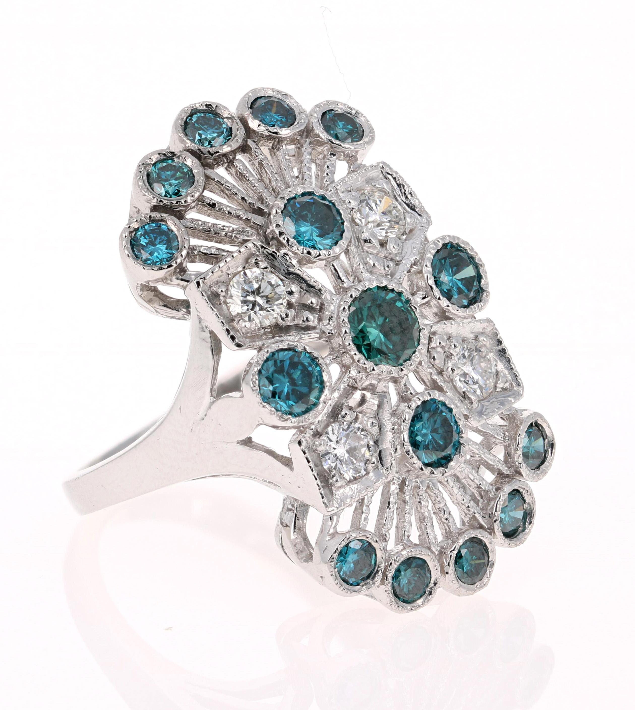 Gorgeous Statement Ring! 

This ring has 15 Round Cut Blue Diamonds that weigh 1.85 Carats and 4 Round Cut White Diamonds that weigh 0.48 Carats. (Clarity: SI, Color: F) The total carat weight of the ring is 2.33 Carats. 

It is curated in 14 Karat