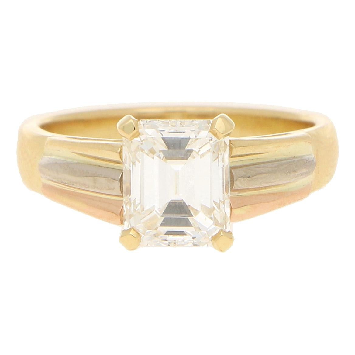 GIA Certified Emerald Cut Diamond Engagement Ring in 18k Tricolor Gold