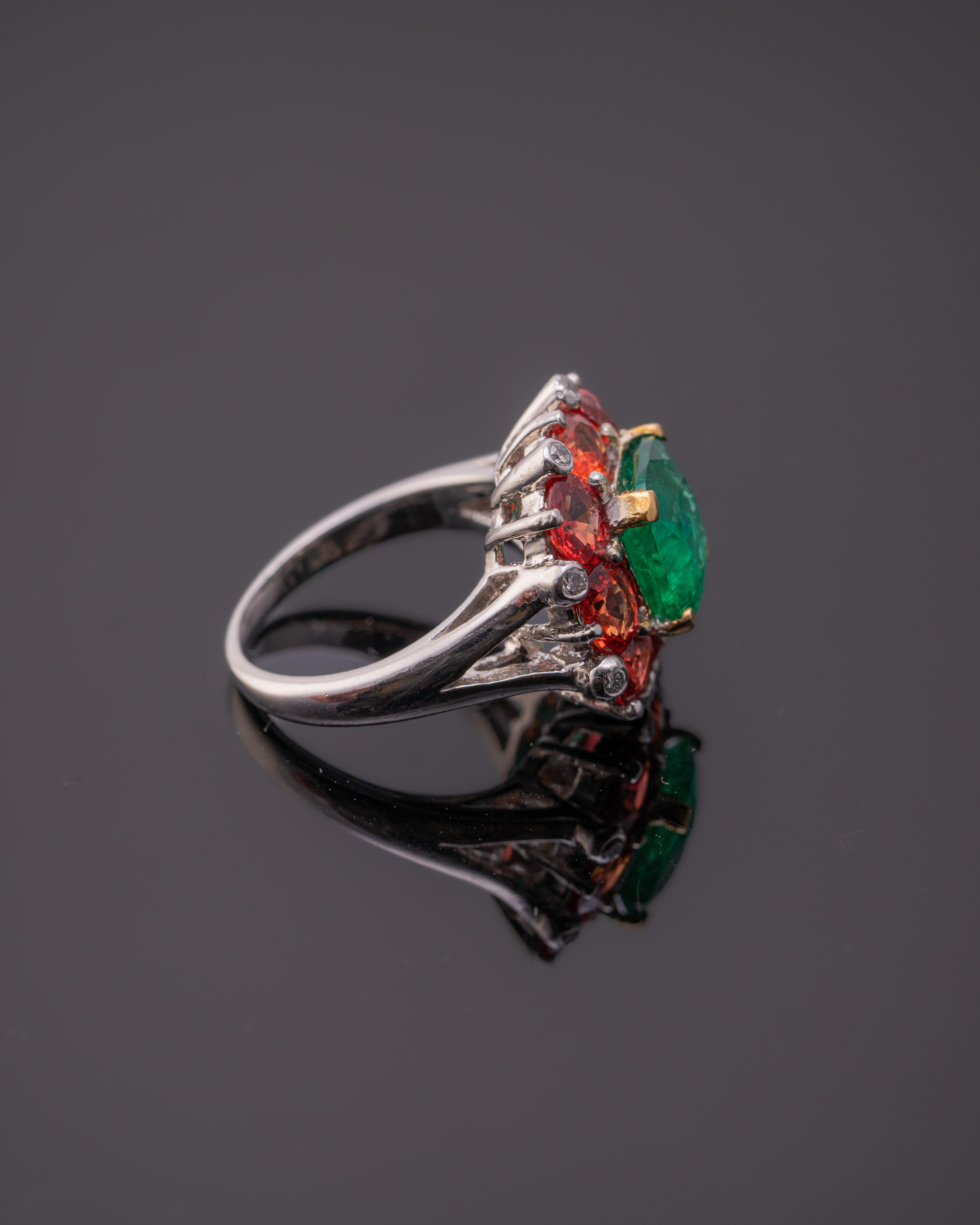 Art Deco 2.33 Carat Emerald, Orange Sapphire and Diamond Cocktail Ring