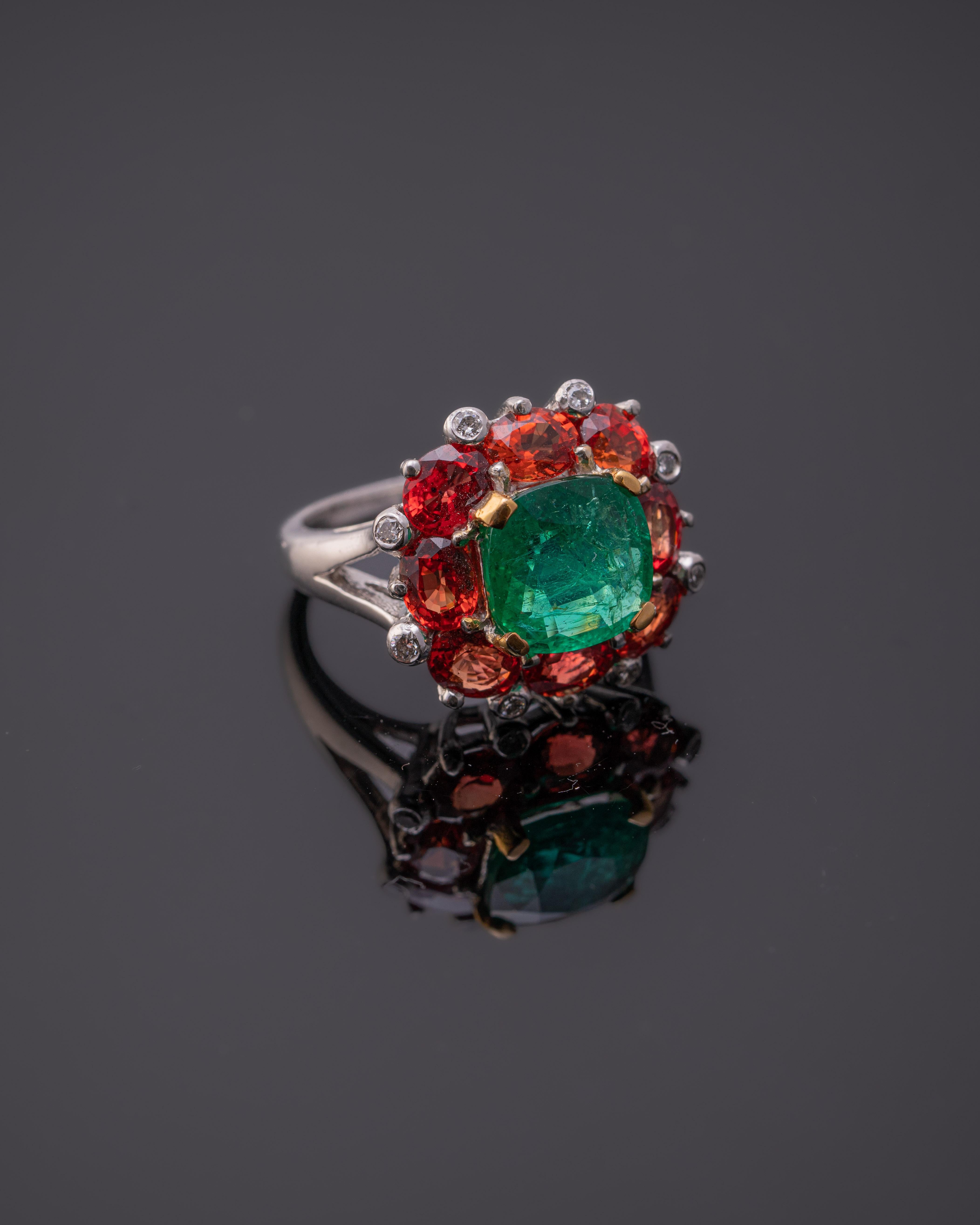 Emerald Cut 2.33 Carat Emerald, Orange Sapphire and Diamond Cocktail Ring