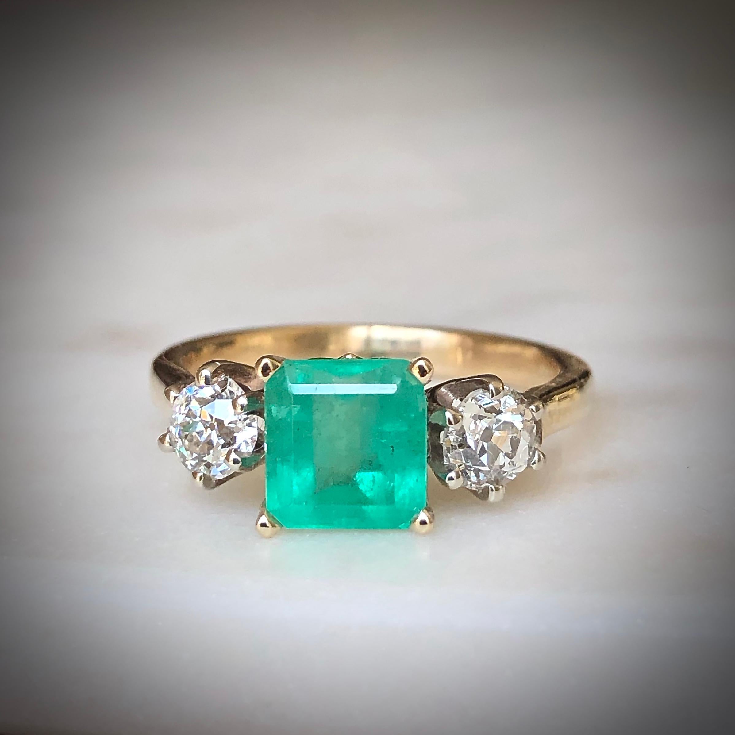 Old European Cut 2.33 Carat Natural Colombian Emerald Old European Diamond Engagement Ring Gold For Sale