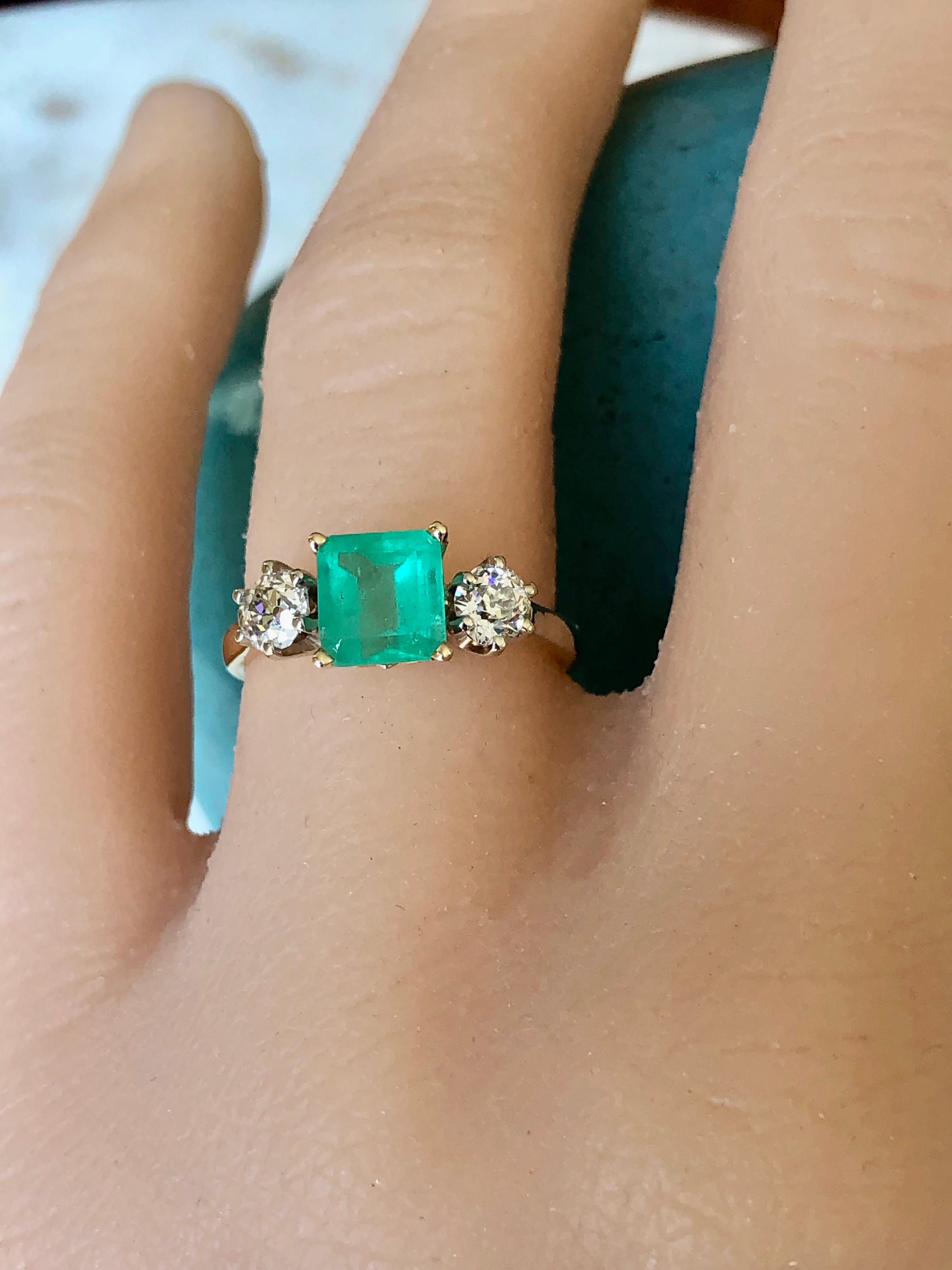 2.33 Carat Natural Colombian Emerald Old European Diamond Engagement Ring Gold For Sale 3