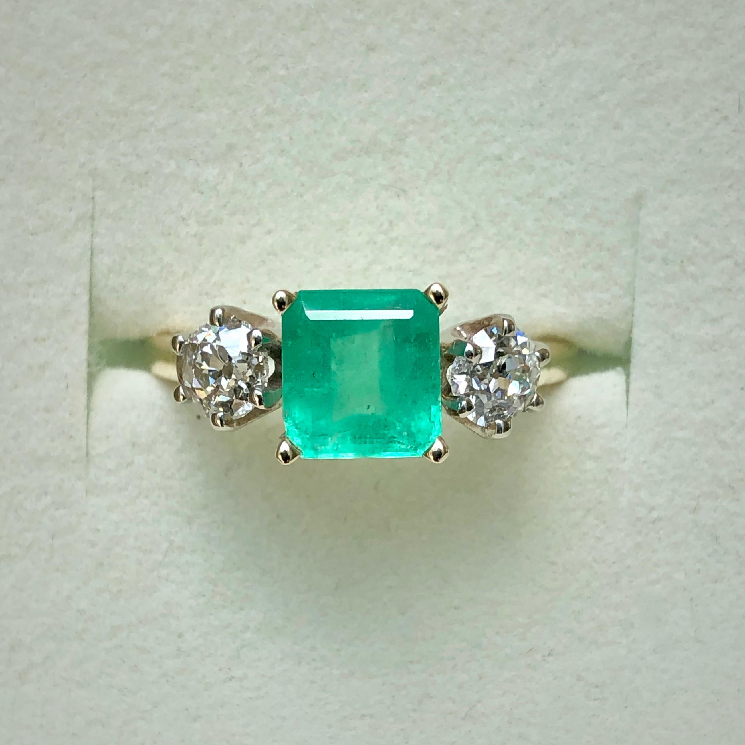 Victorian 2.33 Carat Natural Colombian Emerald Old European Diamond Engagement Ring Gold For Sale
